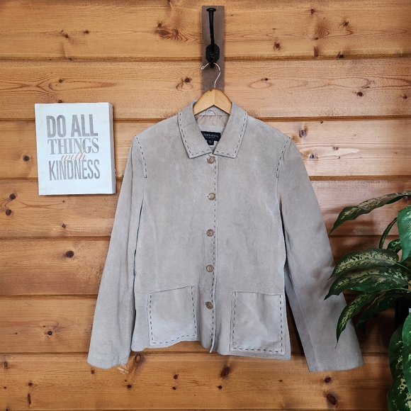 Bernardo Jackets & Blazers - Bernardo Tan Suede Leather Barn Jacket Utility Coat Blanket Stitch Western XL